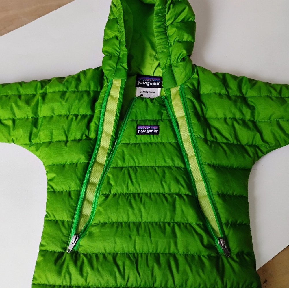 Green Patagonia 3 month old baby zip up snow suit.